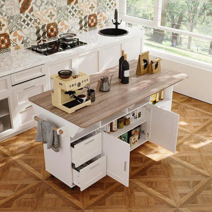 FUFU&GAGA Kitchen Island 54" Large Rolling Kitchen Island Cart on Wheels with Drop Leaf Breakfast Bar Spice Towel Rack Mobile Island Table for Kitchen with Storage, Moveable Cabinet Drawer