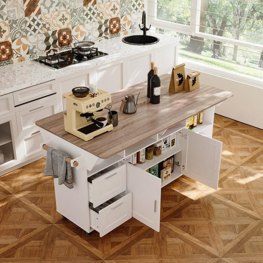 FUFU&GAGA Kitchen Island 54" Large Rolling Kitchen Island Cart on Wheels with Drop Leaf Breakfast Bar Spice Towel Rack Mobile Island Table for Kitchen with Storage, Moveable Cabinet Drawer