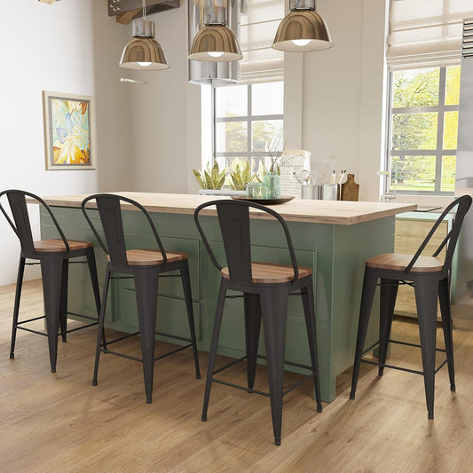 Metal Bar Stools Set of 4,24 Inch Barstools Counter Height Bar Stools with Backs Farmhouse Bar Stools with Larger Seat High Back Kitchen Dining Chairs Modern Bar Chairs Matte Black Stool