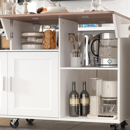 FUFU&GAGA Kitchen Island with Storage, Rolling Kitchen Island on Wheels with Drop-Leaf Bar Countertop, Island Table for Kitchen with Side Open Spice Rack and Tower Rack, Extra Storage for Kitchen