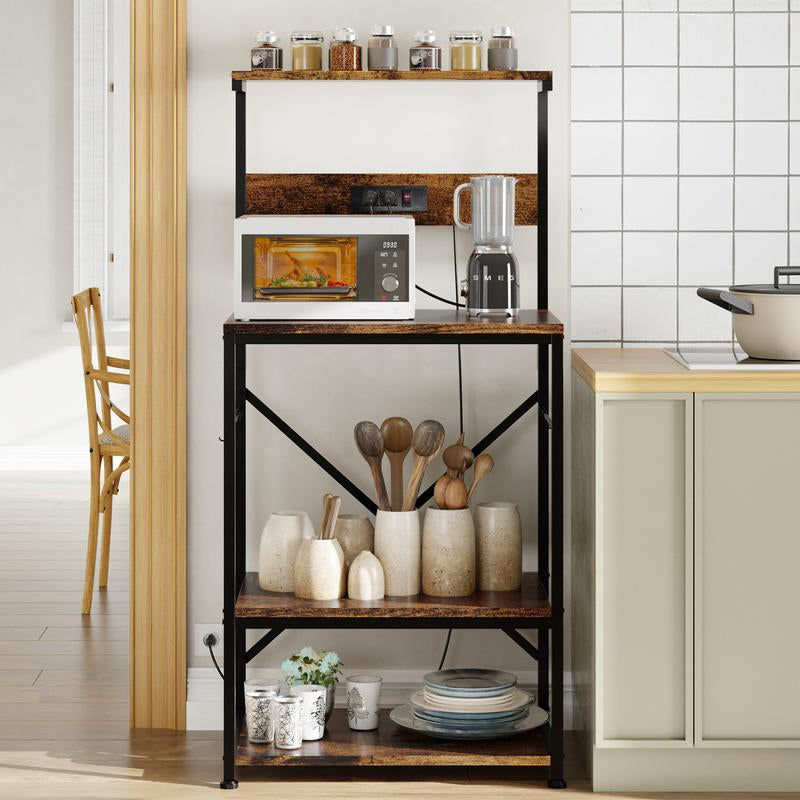 Walsunny 23.6" Standing Bakers Rack with Power Outlet, Kitchen Organizers and Storage with 6 Hooks, Kitchen Shelf, Coffee Station Cabinet, Wooden