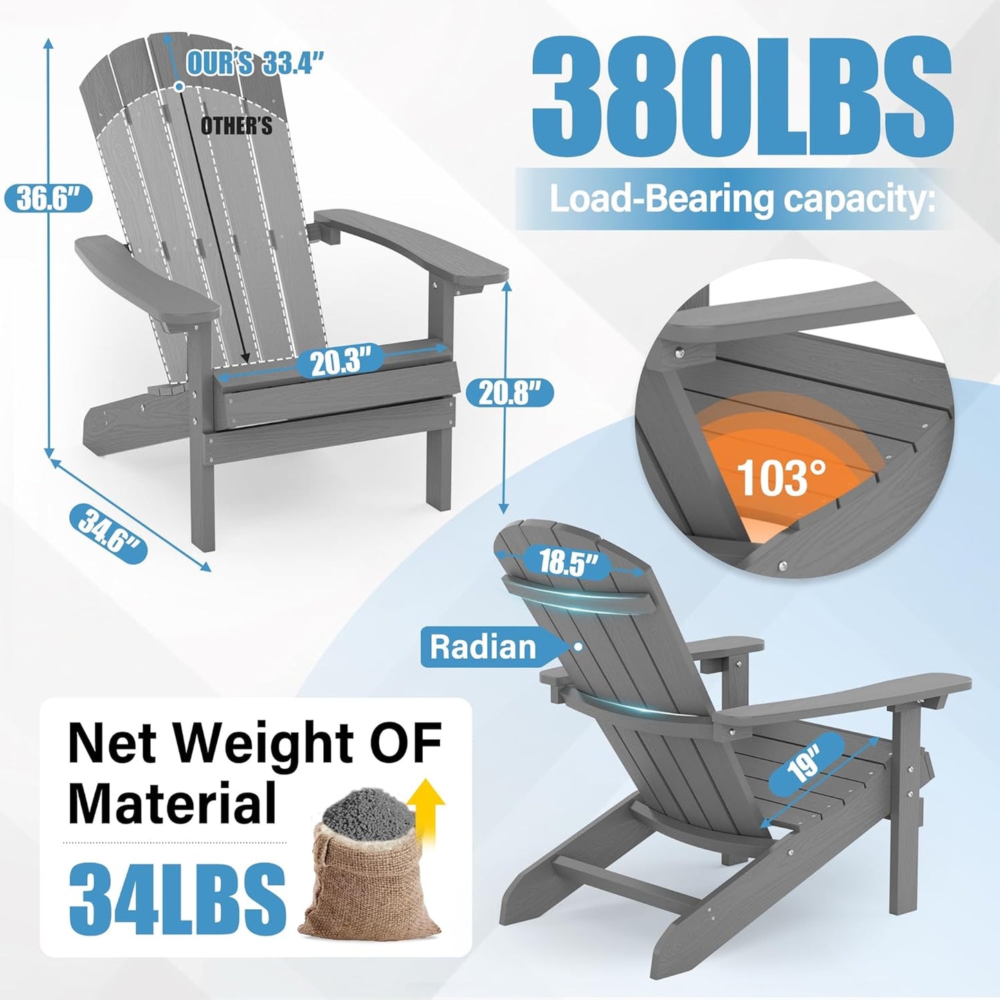 Adirondack Chair Weather Resistant: Outdoor Chair HIPS Plastic Adirondack Chairs - Patio Chairs with Wood Texture - Lawn Fire Pit Deck Porch Garden Chairs for Adults (Grey)