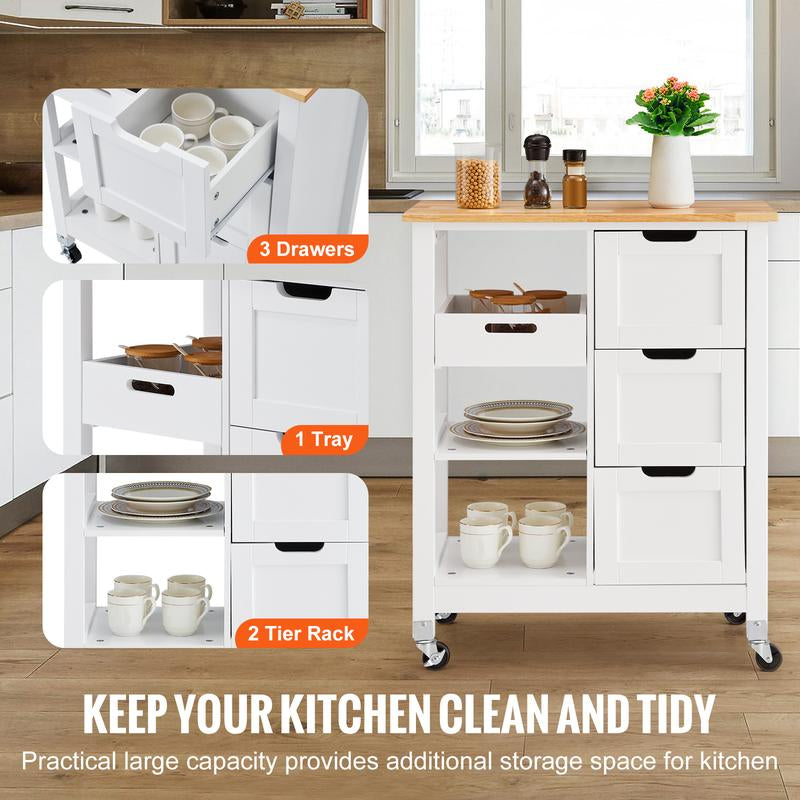 VEVOR Kitchen Island Cart, 26 Inch Wood Top Mobile Breakfast Bar, Rolling Kitchen Table with 3 Drawers and Shelves, Portable Islands on Wheels, for Dining Kitchen Living Room Farmhouse, White