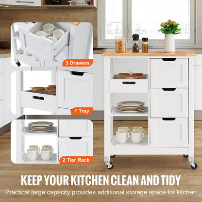 VEVOR Kitchen Island Cart, 26 Inch Wood Top Mobile Breakfast Bar, Rolling Kitchen Table with 3 Drawers and Shelves, Portable Islands on Wheels, for Dining Kitchen Living Room Farmhouse, White