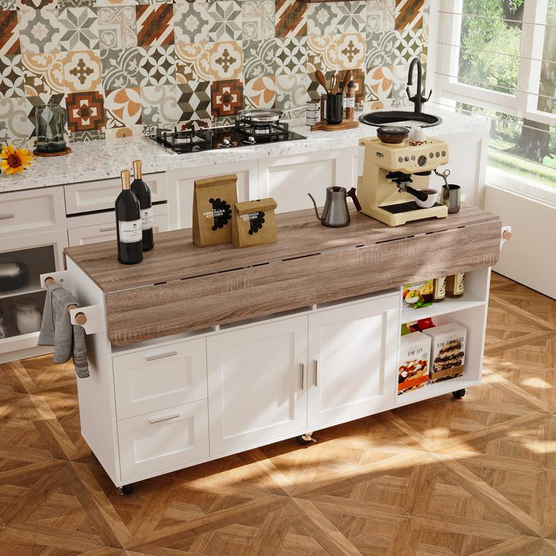 FUFU&GAGA Kitchen Island 54" Large Rolling Kitchen Island Cart on Wheels with Drop Leaf Breakfast Bar Spice Towel Rack Mobile Island Table for Kitchen with Storage, Moveable Cabinet Drawer