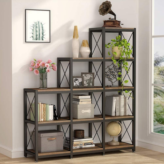 12 Shelves Bookshelf, Industrial Ladder Corner Bookshelf 9 Cubes Stepped Etagere Bookcase, Rustic 5-Tier Display Shelf Storage Organizer for Home Office (Rustic Brown)