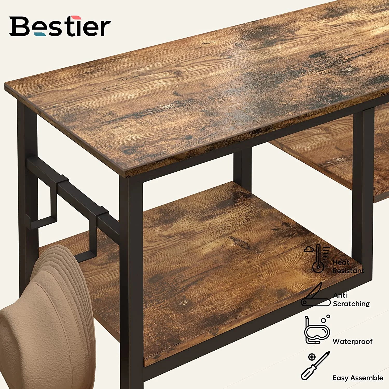 Narrow Console Table with 4 Storage Shelves & 2 Hooks, Buffet Sideboard Side Desk Entryway Table, Rustic