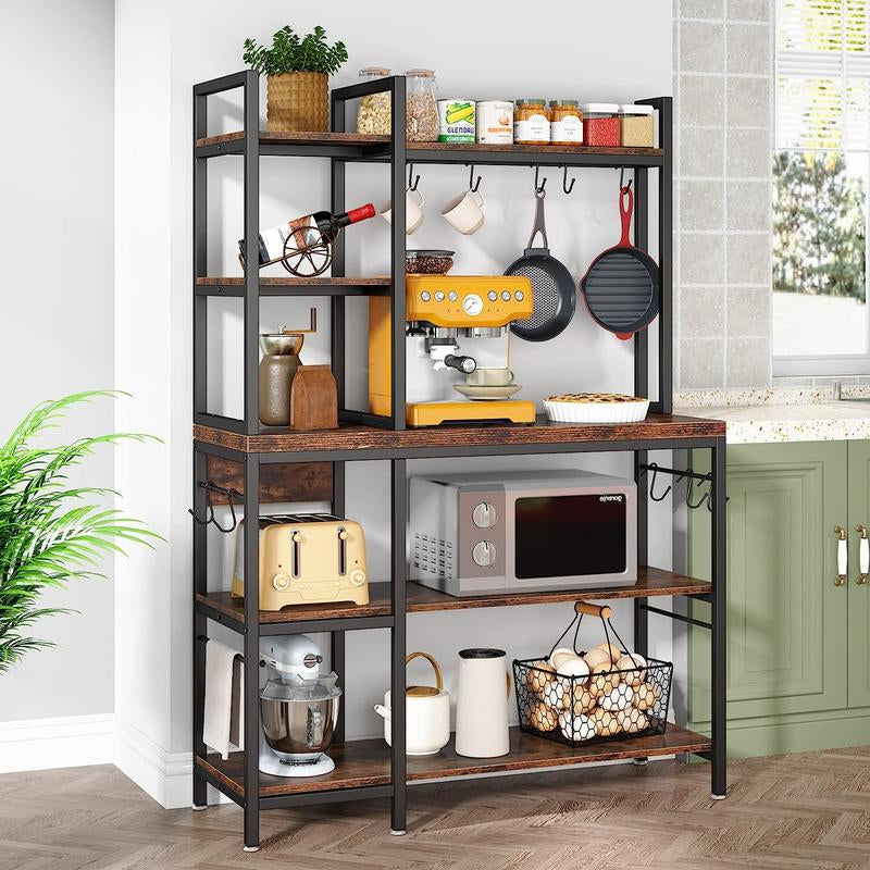 Tribesigns 63 Inch Tall Kitchen Racks, 5-Tier Bakers Rack with Storage and 10 Hooks for Kitchen Metal Organiser, Industrial Wood Shelf Room Wooden
