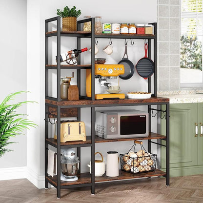 Tribesigns 63 Inch Tall Kitchen Racks, 5-Tier Bakers Rack with Storage and 10 Hooks for Kitchen Metal Organiser, Industrial Wood Shelf Room Wooden