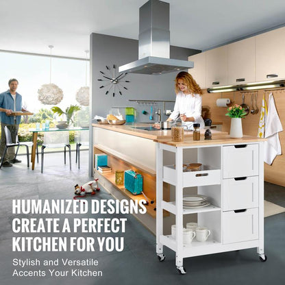 VEVOR Kitchen Island Cart, 26 Inch Wood Top Mobile Breakfast Bar, Rolling Kitchen Table with 3 Drawers and Shelves, Portable Islands on Wheels, for Dining Kitchen Living Room Farmhouse, White