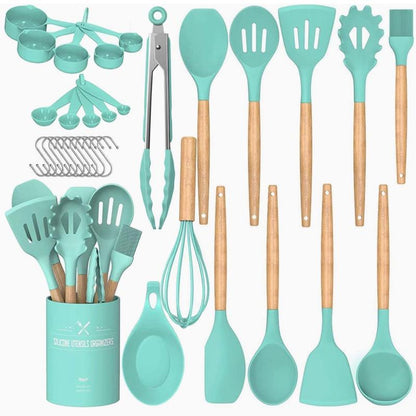 Kitchen Cooking Utensils Set, 33 Pcs Non-Stick Silicone Cooking Kitchen Utensils Spatula Set with Holder, Wooden Handle Silicone Kitchen Gadgets Utensil Set
