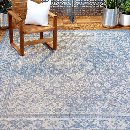 Patio Country Dahlia Transitional Medallion Indoor/Outdoor Area Rug, Blue/Grey, 7'9"X10'2"