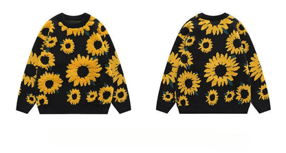 Harajuku New Mens Sweater Sunflower Flocked round Neck Oversized Sweater Men Ins Style Loose Casual Couple Knitted Pullover Tops