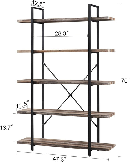 Bookshelf, 5 Tier Industrial Bookcase, 70" Tall Bookshelves and Book Case with 5 Shelf, Rustic Storage Rack with Display Shelves for Bedroom Living Room Office, Retro Brown