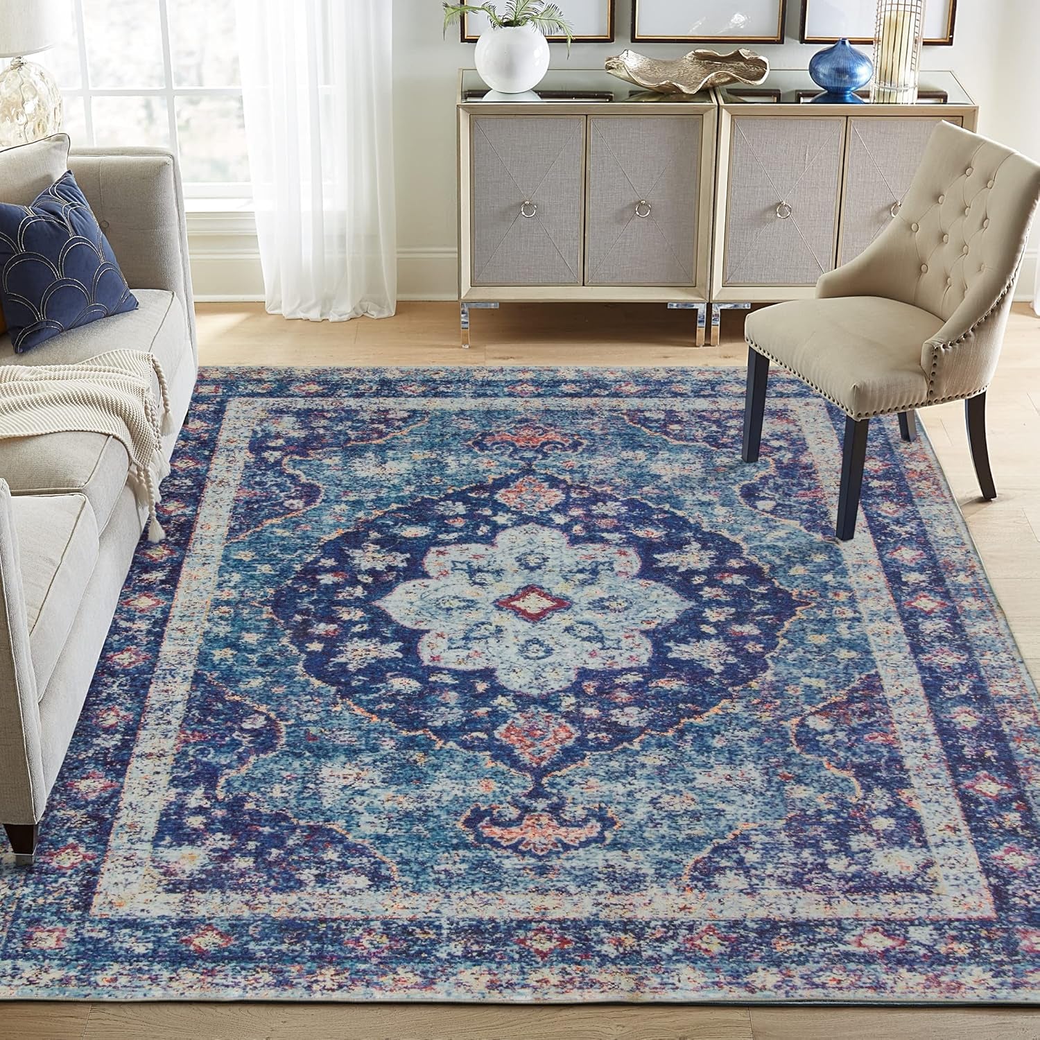 Realife Machine Washable Rug - Stain Resistant, Non-Shed - Eco-Friendly, Non-Slip, Family & Pet Friendly - Made from Premium Recycled Fibers - Vintage Distressed Medallion - Blue, 4' X 6'