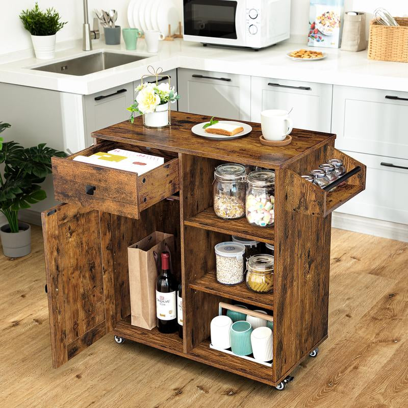 HOOBRO Kitchen Island on Wheels, Storage Cabinet with Drawer, Kitchen Cart with Spice and Towel Rack, Saving Space, Easy Assembly, for Living Room, Rustic Brown#Springtok