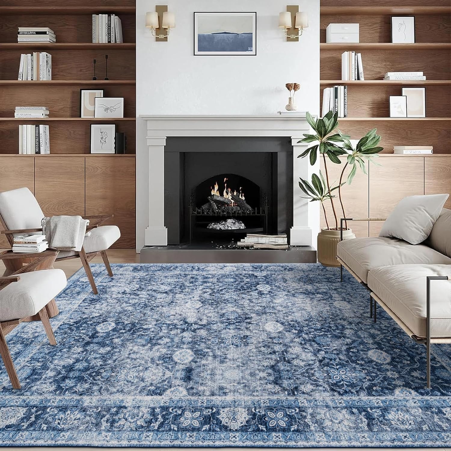 Machine Washable Area Rug - Living Room Bedroom Bathroom Kitchen Entryway Office - Padded Low Pile Stain Resistant Premium - Boho Farmhouse Vintage - Noor - Blue 4' X 6'
