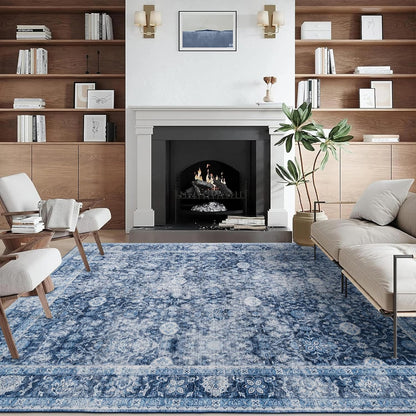 Machine Washable Area Rug - Living Room Bedroom Bathroom Kitchen Entryway Office - Padded Low Pile Stain Resistant Premium - Boho Farmhouse Vintage - Noor - Blue 4' X 6'