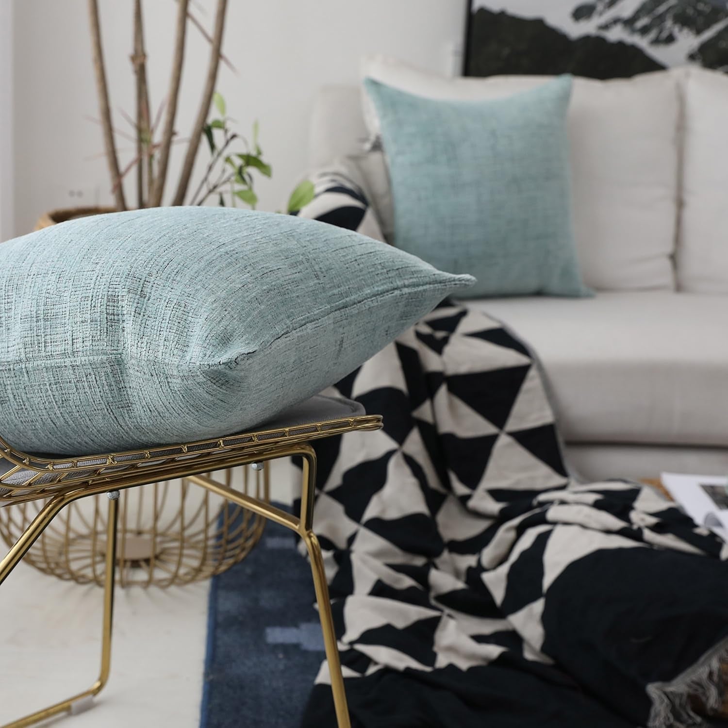 Throw Pillow Covers for Couch Tweed Chenille Throw Pillow Covers 18X18 Sofa Bench Spring Decorations, 2 Packs, 18 X 18 Inches, Greenish Teal