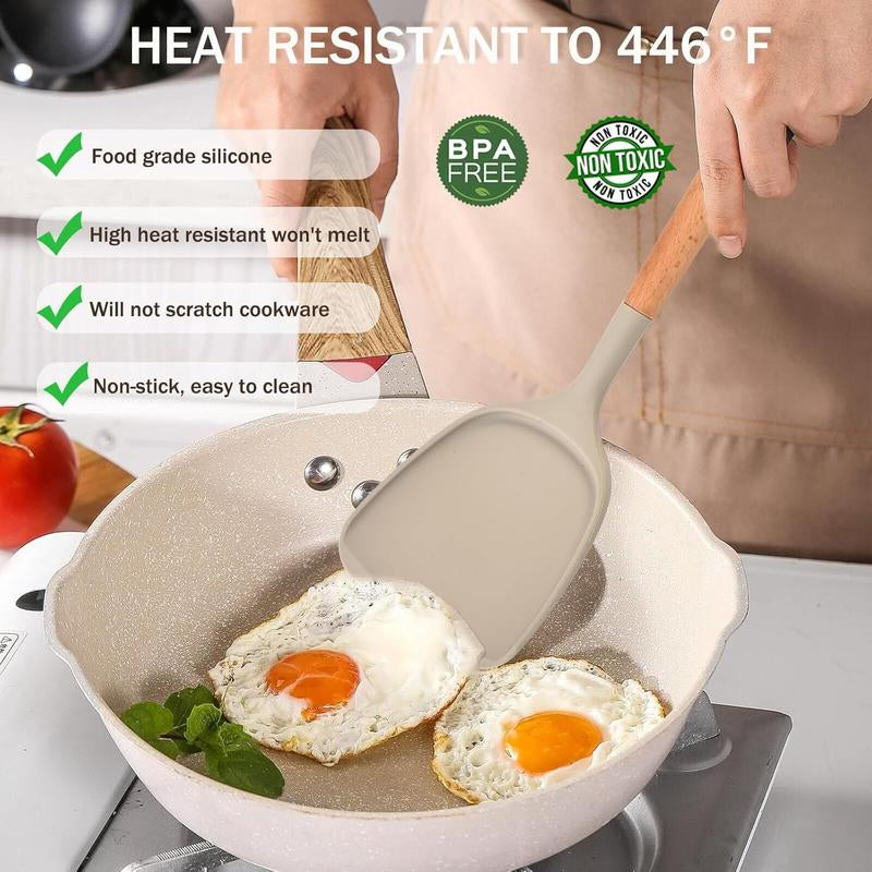 10 Pieces Silicone Cooking Utensils Set with Knife Block Set, Include 4Pcs Utensils Spatulas & 5Pcs Sharp Stainless Steel Chef Knife, Khaki
