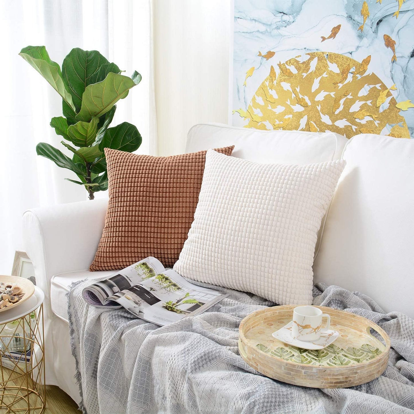 Pack of 2, Corduroy Soft Decorative Square Throw Pillow Cover Cushion Covers Pillowcase, Home Decor Decorations for Sofa Couch Bed Chair 16X16 Inch/40X40 Cm (Granules Cream White)