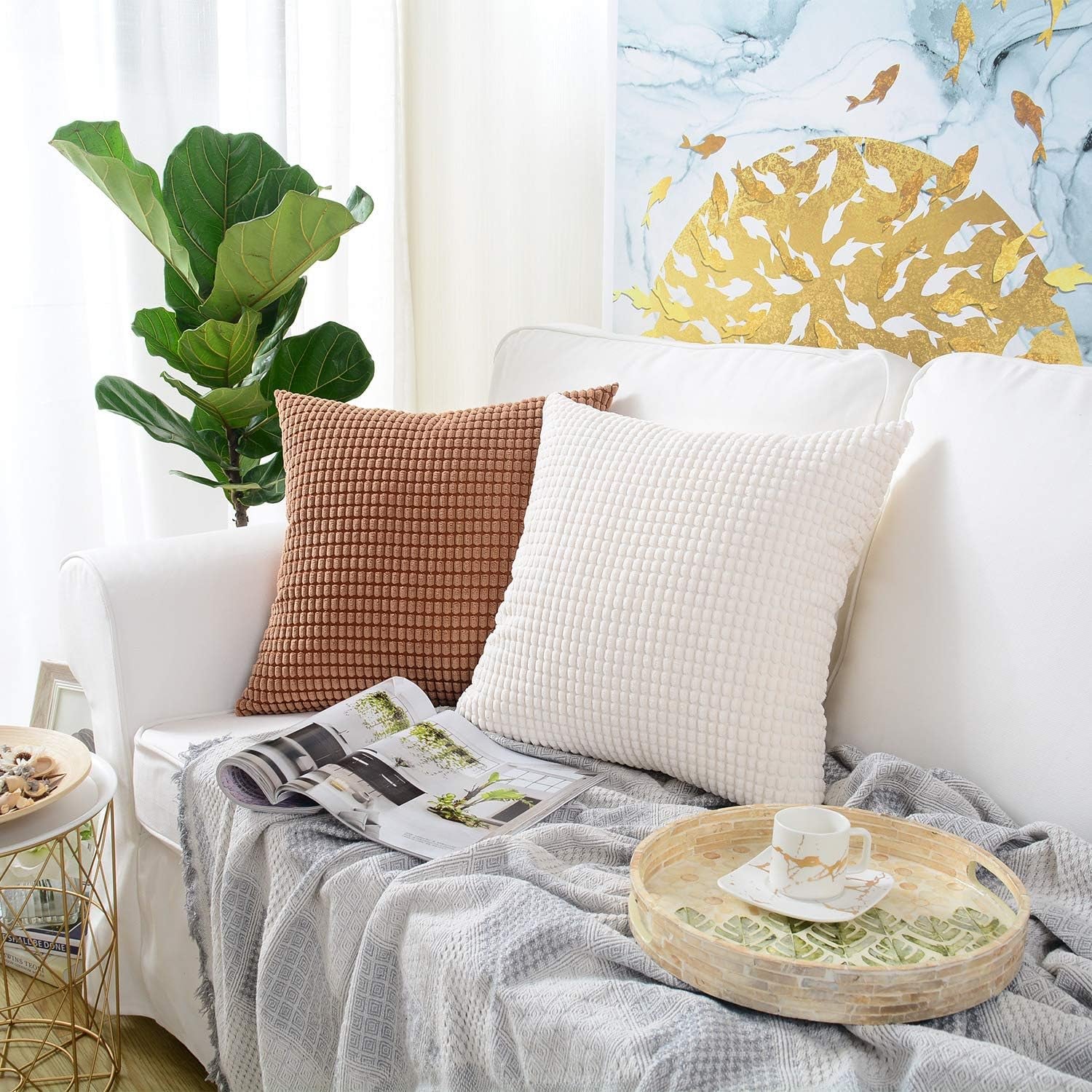 Pack of 2, Corduroy Soft Decorative Square Throw Pillow Cover Cushion Covers Pillowcase, Home Decor Decorations for Sofa Couch Bed Chair 16X16 Inch/40X40 Cm (Granules Cream White)
