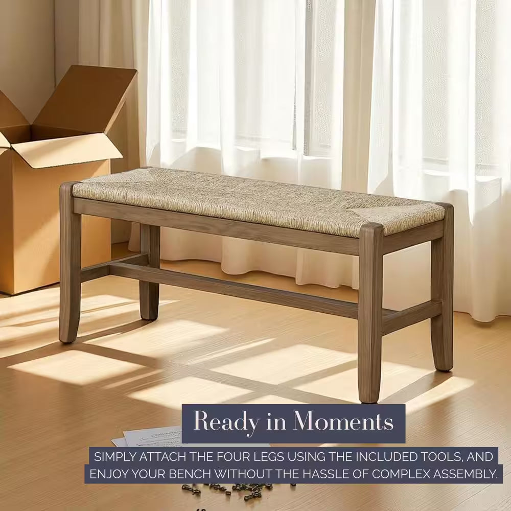 Newport Brown Wood Bench with Rush Seat 18 In. H X 40 In. W X 15 In. D