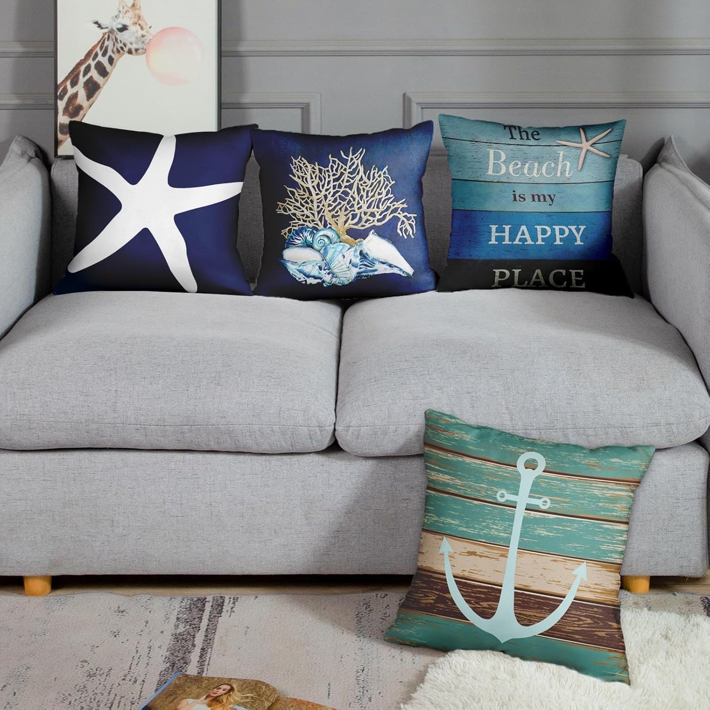 Set of 4 Throw Pillow Covers Nautical Coastal Beach and Blue Turquoise Anchor Weathered Wood Old Decorative Pillow Cases Home Decor Square 20X20 Inches Pillowcases