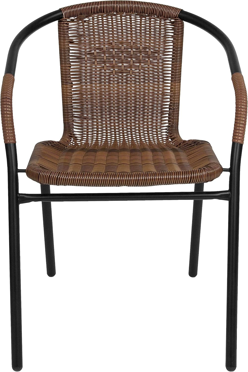 Set of 2 Modern Rattan Indoor/Outdoor Stack Chairs, Stacking Rattan Patio Chairs with Curved Back and Cross Bracing, Brown