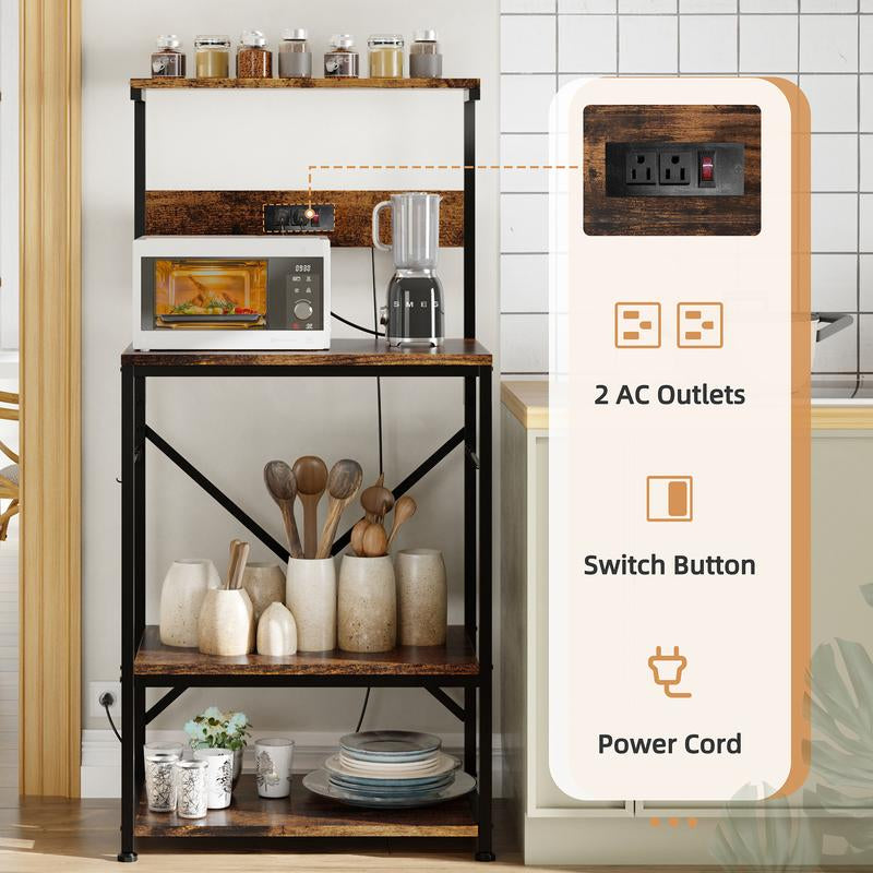 Walsunny 23.6" Standing Bakers Rack with Power Outlet, Kitchen Organizers and Storage with 6 Hooks, Kitchen Shelf, Coffee Station Cabinet, Wooden