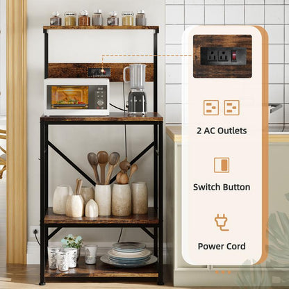 Walsunny 23.6" Standing Bakers Rack with Power Outlet, Kitchen Organizers and Storage with 6 Hooks, Kitchen Shelf, Coffee Station Cabinet, Wooden
