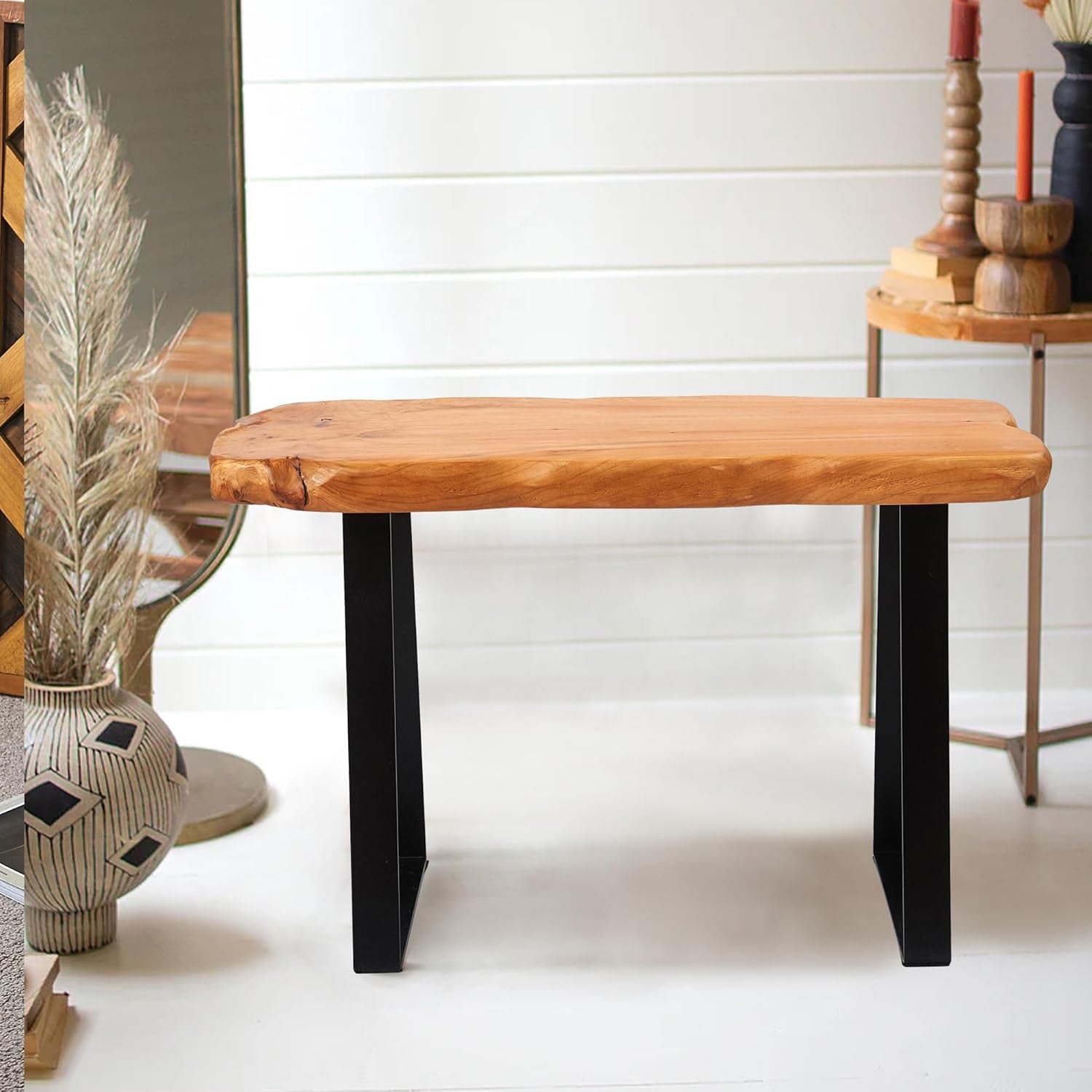 Cedar Roots Stool with Flat Iron Leg Wood Bench 27.5" X 14" X 17.4" H Home Decor Wood Side Table Plant Stand Home Décor End Table