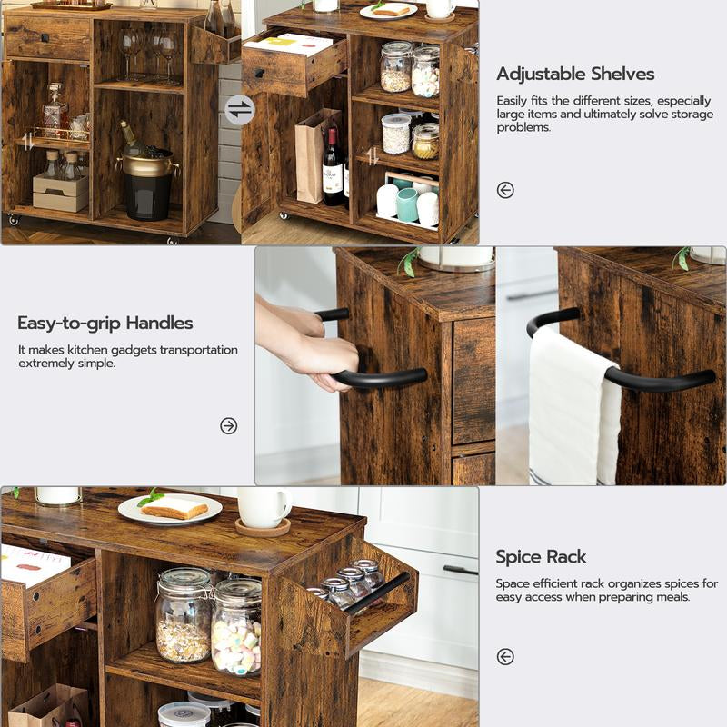 HOOBRO Kitchen Island on Wheels, Storage Cabinet with Drawer, Kitchen Cart with Spice and Towel Rack, Saving Space, Easy Assembly, for Living Room, Rustic Brown#Springtok