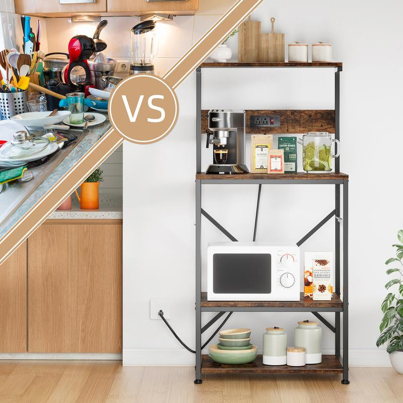 Walsunny 23.6" Standing Bakers Rack with Power Outlet, Kitchen Organizers and Storage with 6 Hooks, Kitchen Shelf, Coffee Station Cabinet, Wooden