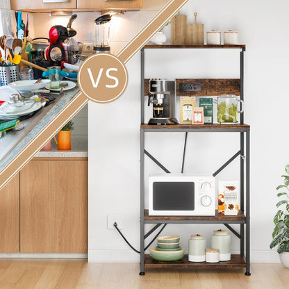 Walsunny 23.6" Standing Bakers Rack with Power Outlet, Kitchen Organizers and Storage with 6 Hooks, Kitchen Shelf, Coffee Station Cabinet, Wooden
