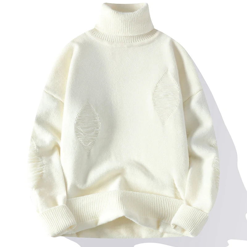 Autumn Winter Men'S Hole Turtleneck Pullovers Solid Color Casual Knitted Sweater Men Fashion Loose Streetwear Knit Pullovers Man