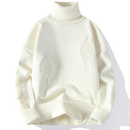 Autumn Winter Men'S Hole Turtleneck Pullovers Solid Color Casual Knitted Sweater Men Fashion Loose Streetwear Knit Pullovers Man