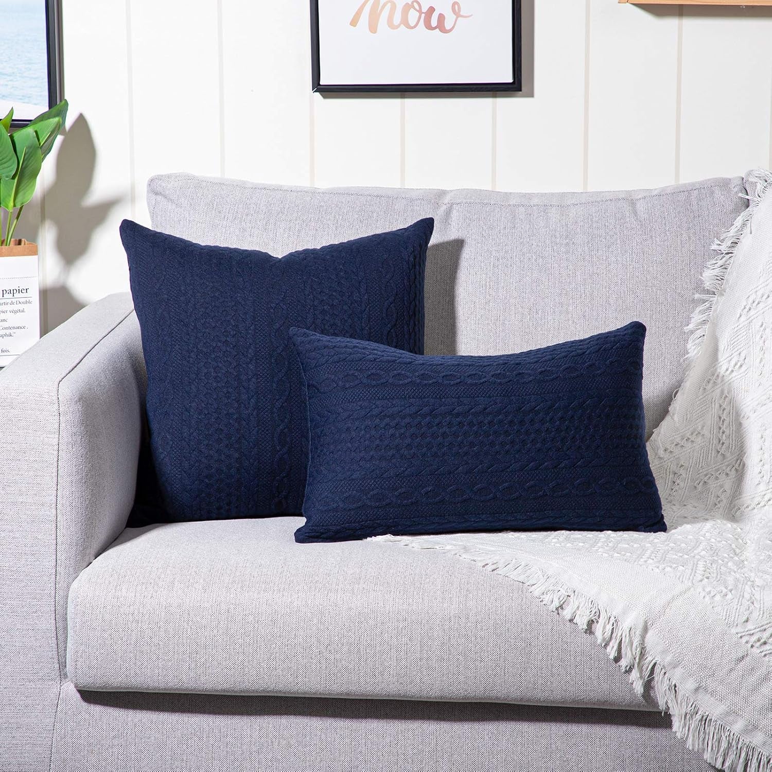 Pack of 2 Super Soft Decorative Throw Pillow Covers Square Cushion Cases Pillowcases for Couch Sofa Bedroom Car Modern Embossed Patterned,18 X 18 Inch,Navy