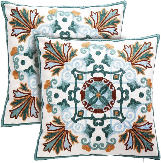 Onelsong Decorative Pillow Covers for Couch Living Room 18X18 Inches Set of 2 Embroidery Square Boho Throw Pillows Cover for Sofa Chair Bed