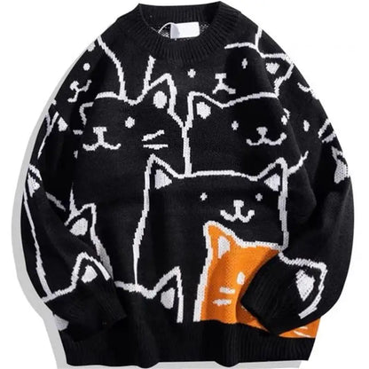 Cartoon Cat Knitted Sweater - Oversized Vintage Style for Winter