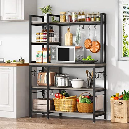 Tribesigns 63 Inch Tall Kitchen Racks, 5-Tier Bakers Rack with Storage and 10 Hooks for Kitchen Metal Organiser, Industrial Wood Shelf Room Wooden