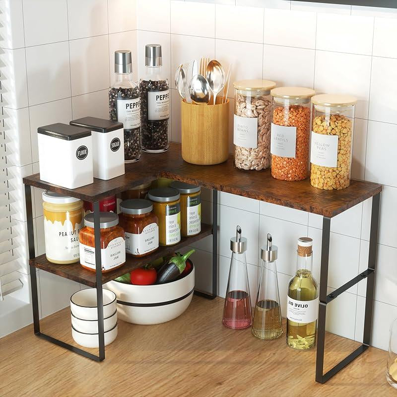 Countertop Organizer Corner Shelf, 2 Tier Adjustable Stackable Corner Shelves for Kitchen, Bathroom, Spice Rack, Coffee Bar, over Sink, Dresser Table, Corner Counter Shelf Stand, Natural Beige