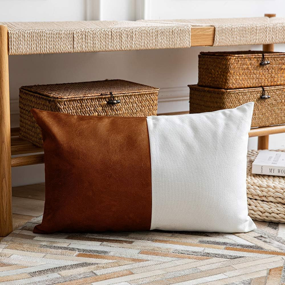 Leather Throw Pillow Covers, Set of 2 Modern Leather/Cotton Decorative Pillowcases for Home Decor Bedroom Living Room Couch Bed Sofa, 12X20 Inch, Cognac-Brown and White