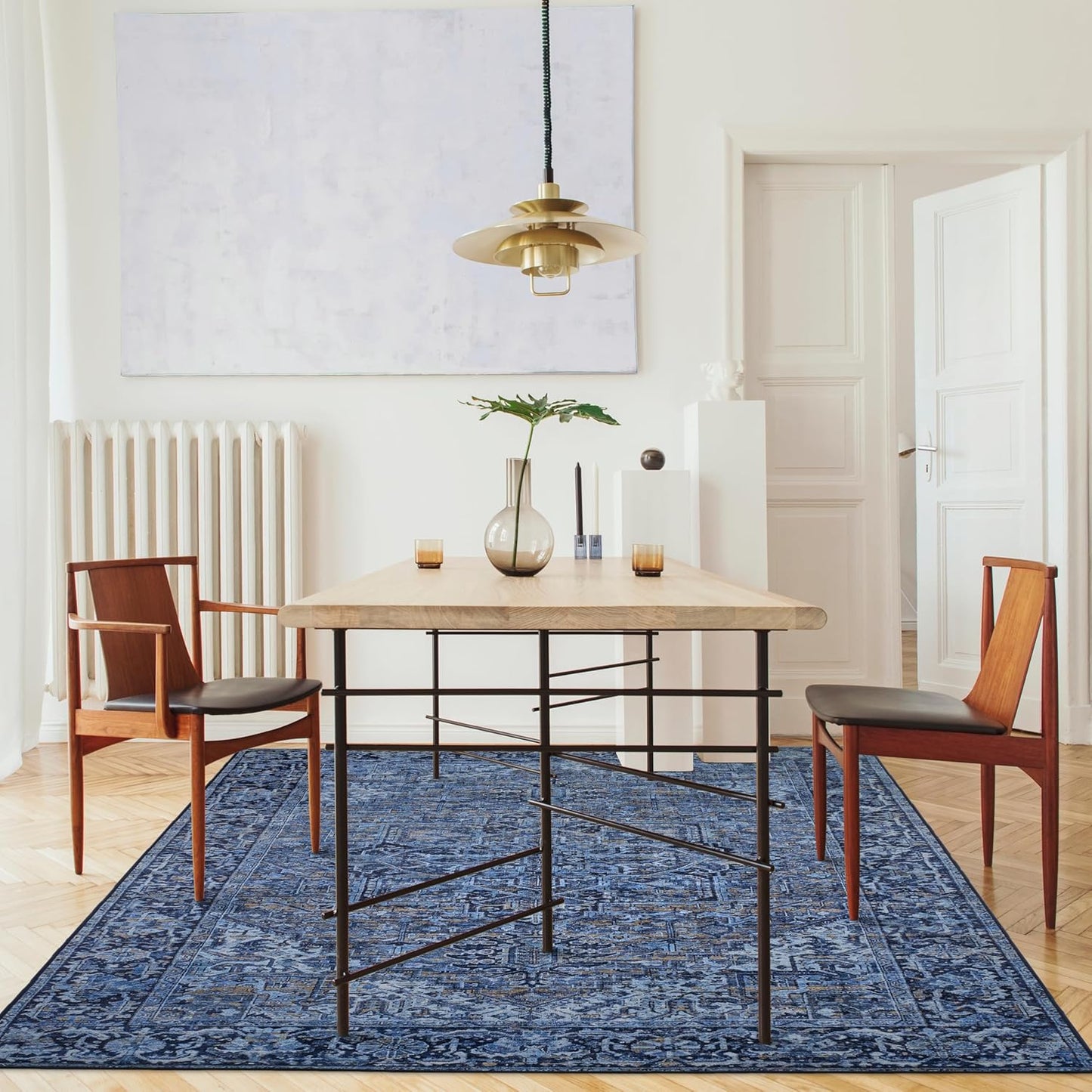 Machine Washable Area Rug - Living Room Bedroom Bathroom Kitchen Entryway Office - Padded Low Pile Stain Resistant Premium - Boho Vintage Traditional - Lyle - Blue 7'6" X 9'6"