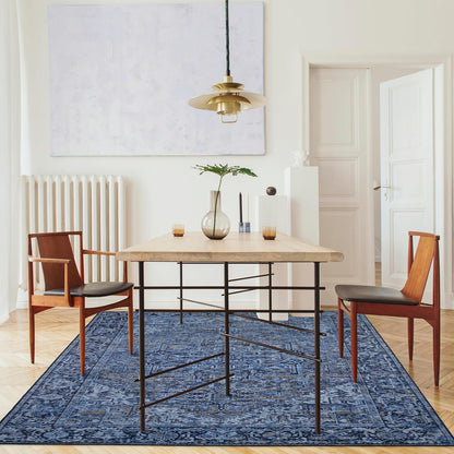 Machine Washable Area Rug - Living Room Bedroom Bathroom Kitchen Entryway Office - Padded Low Pile Stain Resistant Premium - Boho Vintage Traditional - Lyle - Blue 7'6" X 9'6"