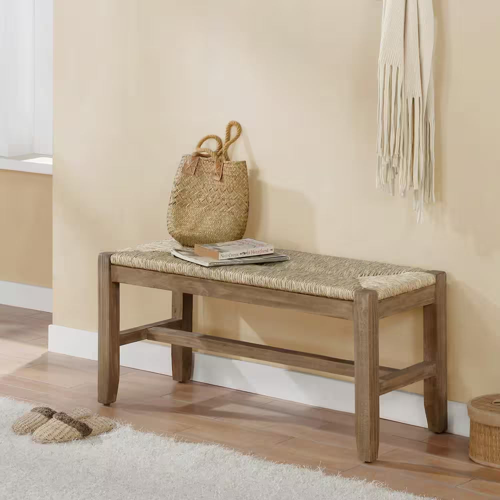 Newport Brown Wood Bench with Rush Seat 18 In. H X 40 In. W X 15 In. D