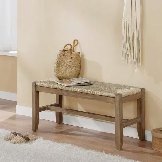 Newport Brown Wood Bench with Rush Seat 18 In. H X 40 In. W X 15 In. D