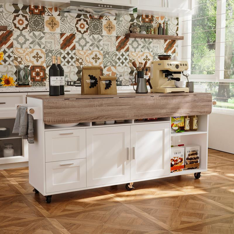 FUFU&GAGA Kitchen Island 54" Large Rolling Kitchen Island Cart on Wheels with Drop Leaf Breakfast Bar Spice Towel Rack Mobile Island Table for Kitchen with Storage, Moveable Cabinet Drawer