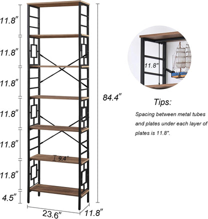 Tall Bookshelf, 84 Inch Industrial Bookshelf with Metal Frame and Open Shelves, 7 Tier Metal Bookshelves and Bookcases, Rustic Tall Book Shelf for Office, Living Room and Bedroom, Brown