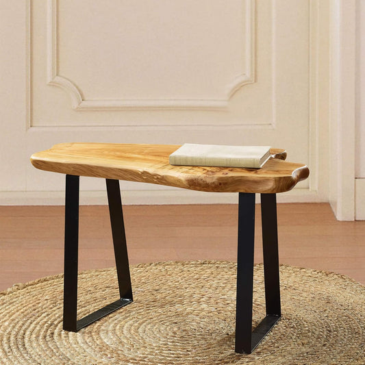 Cedar Roots Stool with Flat Iron Leg Wood Bench 27.5" X 14" X 17.4" H Home Decor Wood Side Table Plant Stand Home Décor End Table